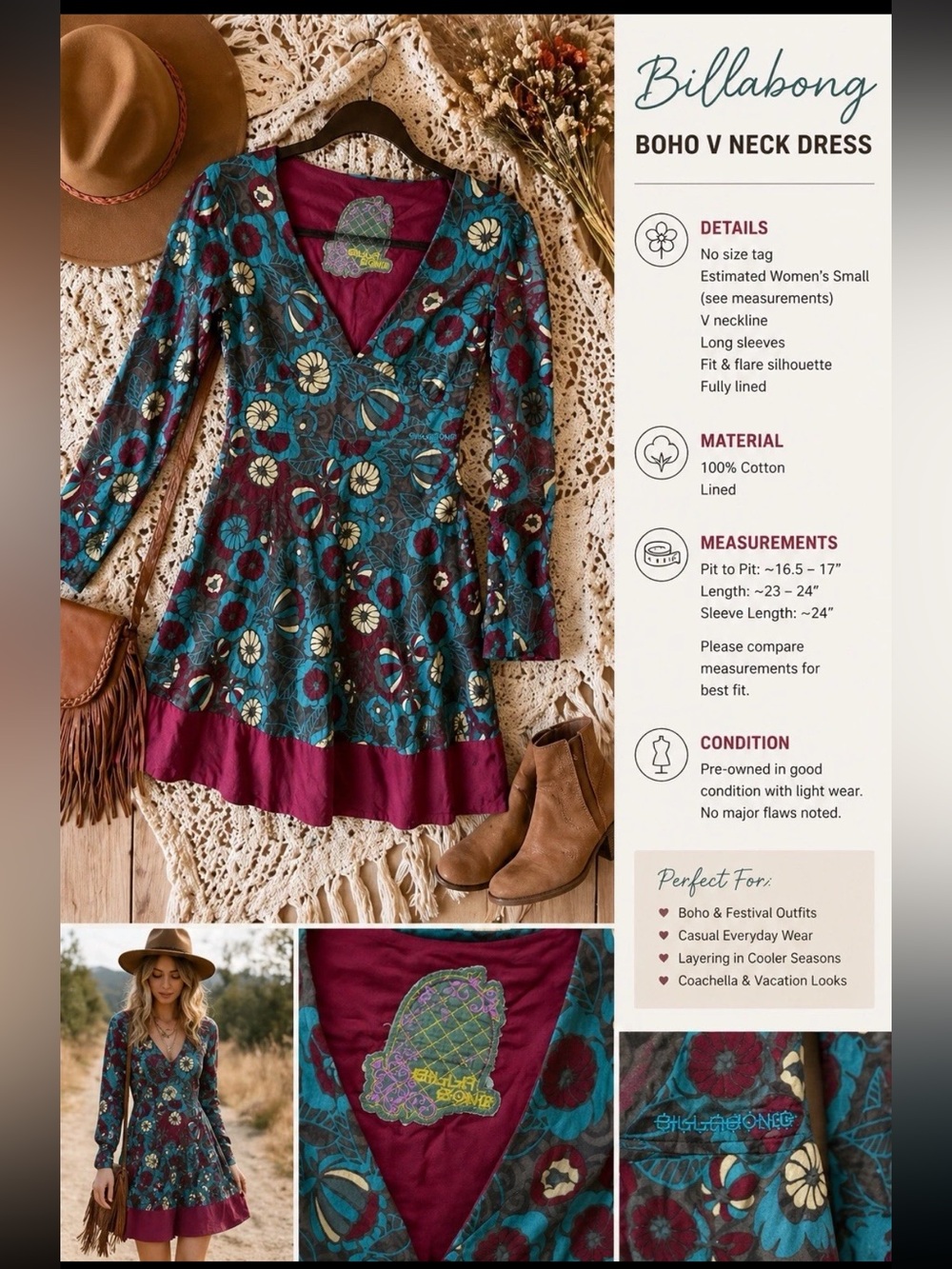 Billabong Floral V Neck Dress Boho Summer Festival Cotton Lined Fit Flare Small